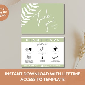 May include: A printable thank you card with a green background and a white fern design. The card also includes a plant care guide with icons for watering, sunlight, and repotting.
