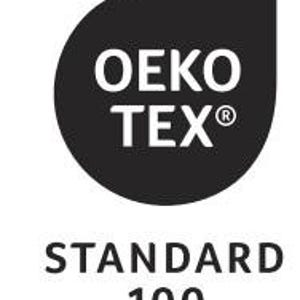 May include: A black and white graphic logo featuring the text OEKO TEX with a registered trademark symbol inside a rounded shape, positioned above the text STANDARD 100. The design uses bold, sans-serif typography on a solid black background.
