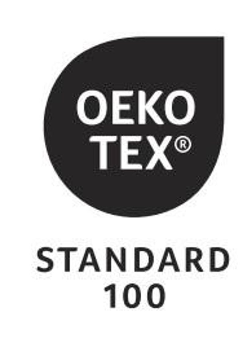 May include: A black and white graphic logo featuring the text OEKO TEX with a registered trademark symbol inside a rounded shape, positioned above the text STANDARD 100. The design uses bold, sans-serif typography on a solid black background.