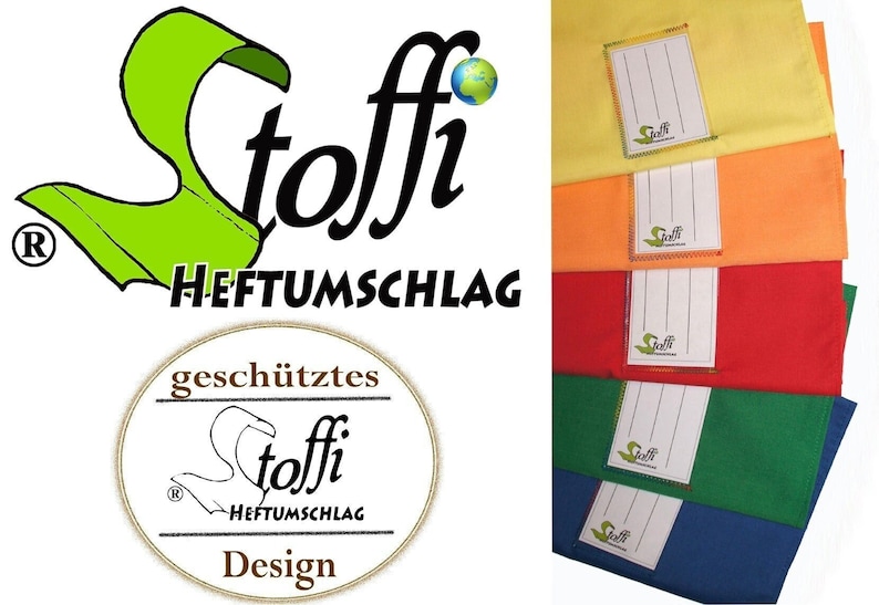 May include: A stack of five fabric notebook covers in yellow, orange, red, green, and blue. Each cover features a white rectangular label with the text Stoffi and lines for writing. The logo Stoffi Heftumschlag is displayed on the left.