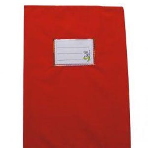 May include: A rectangular red notebook featuring a centered white label with three horizontal lines for writing. The label includes a small green graphic icon in the bottom right corner. The notebook cover has a smooth, solid red finish.