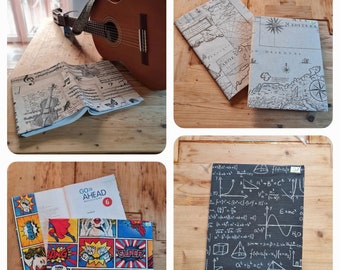 Book cover, fabric book sleeve in "Stoffi" design with Velcro fastener. Comic, music, world map, math, dog, cat, graffiti
