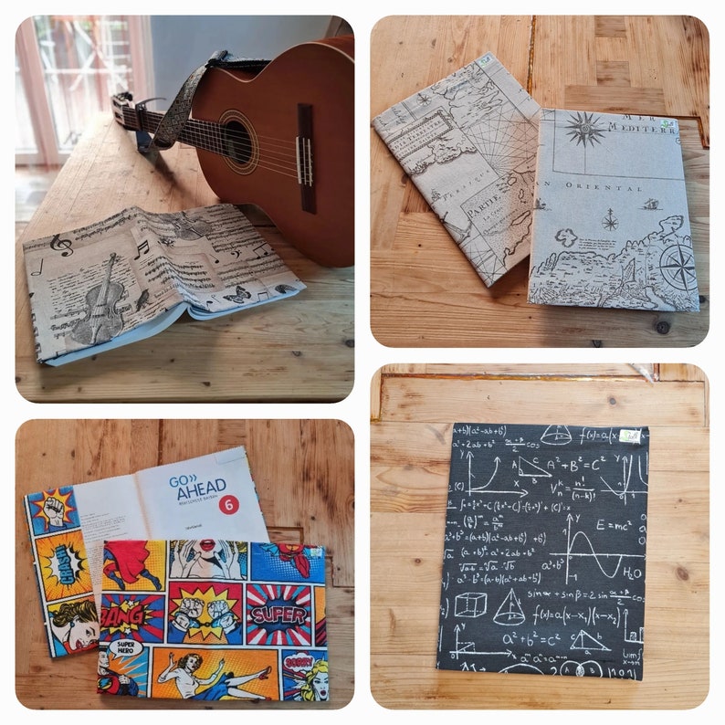 Buchumschlag, Buchhülle mit versch. Motiven, aus Stoff im einzigartigen Stoffi-Design mit Klettverschluss. Comic, Musik, Weltkarte, Mathe Bild 1