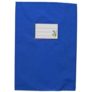 May include: A rectangular blue fabric book cover featuring a centered white label with three horizontal lines for writing and the green text "stoffi" printed on the right side. The label is stitched onto the blue fabric with a visible border.