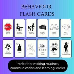 Peut inclure: Cartes flash de comportement avec des illustrations et des invites textuelles pour diverses actions, telles que "Faire une pause" et "Veuillez vous asseoir." Les cartes sont conçues pour faciliter la communication et l'apprentissage.