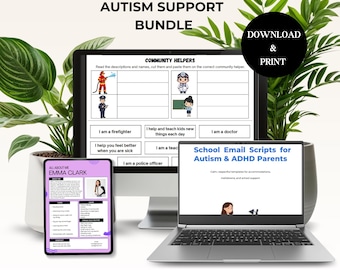 Autism & ADHD School Bundle | Community Helpers Worksheet PDF, Editable About Me Page, Parent School Scripts