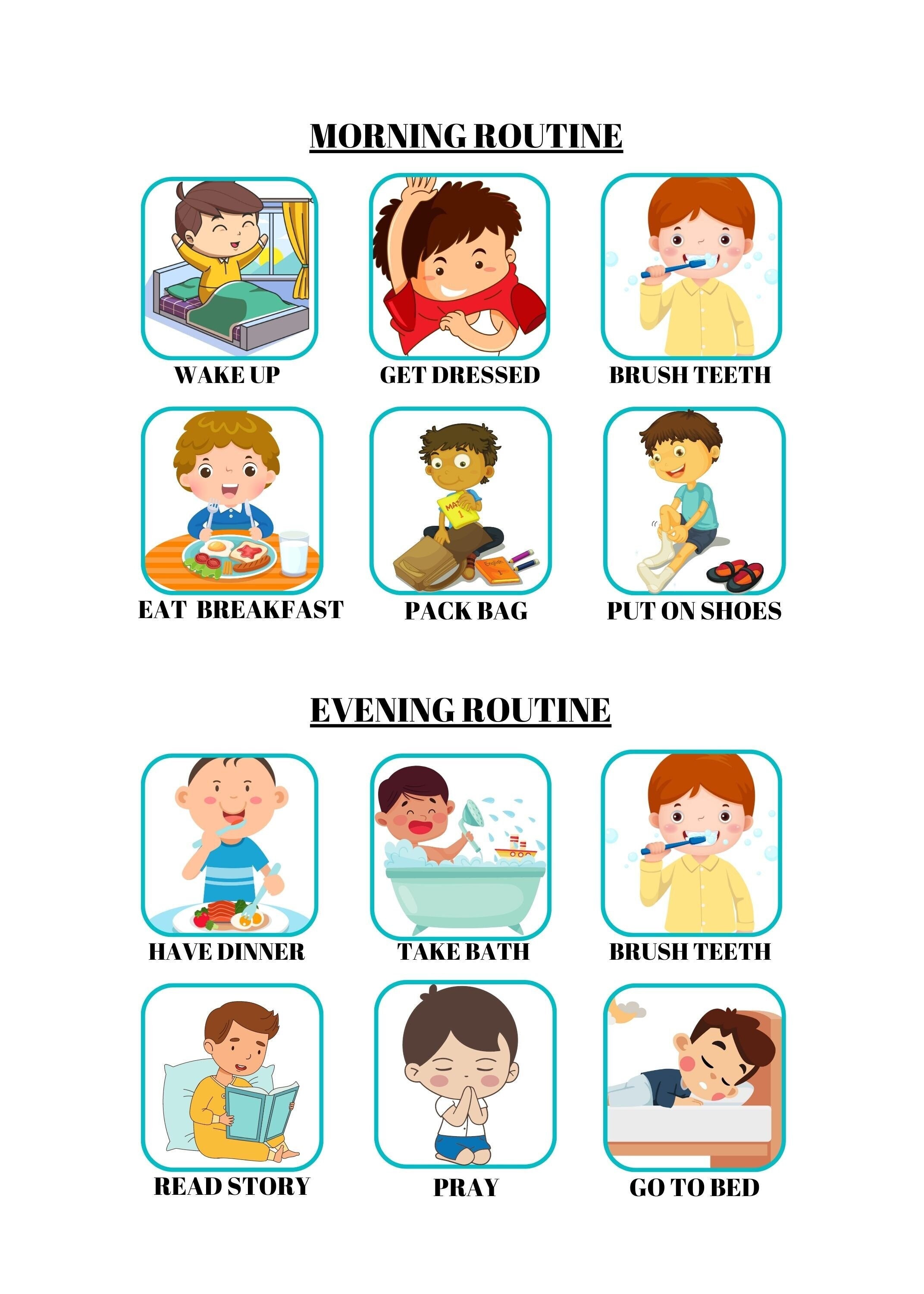 Morning and Evening Routines, Kids Routines, Visual Routines, Printable Routines, ASD Routines, Autism, ADHD, Special Needs,Boys, Girls