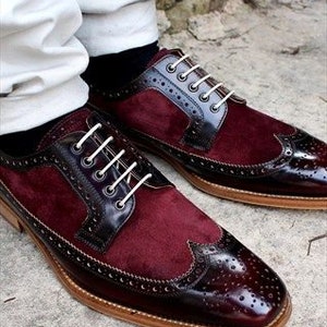 Luxury Handmade Men's Two Tone Maroon Suede & Burgundy Leather Wingtip ...