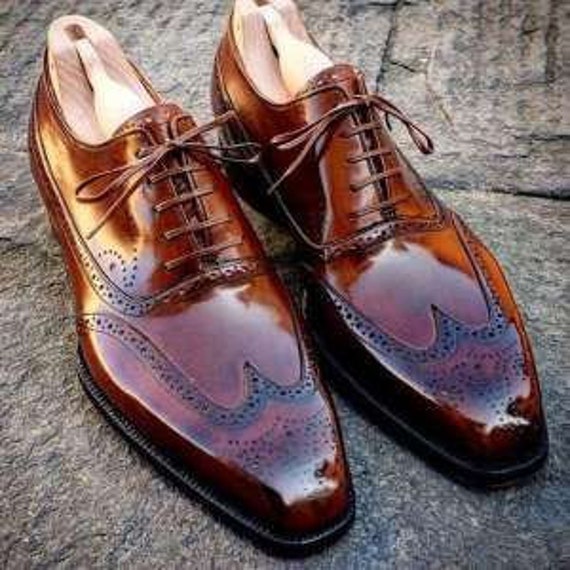 Elegant Men's handmade Wing Tip Brogue Brown Leather Shoes, custom made  dress men shoes