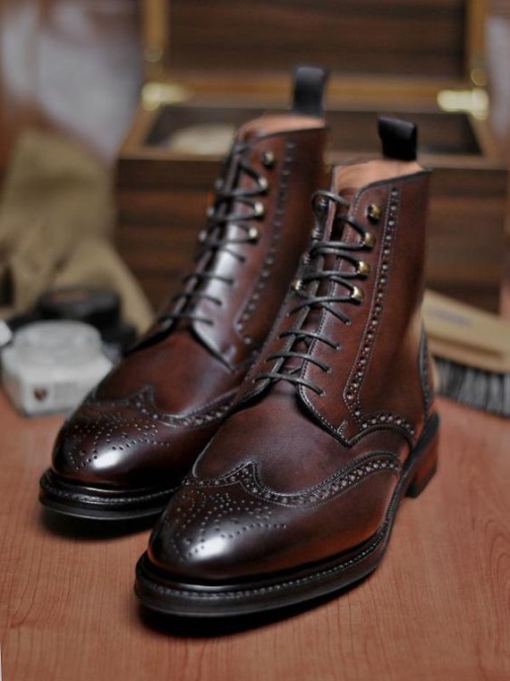 Intention spur Innocence Pure Handmade Men's Dark Brown Leather Wingtip Lace-up - Etsy