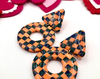 Checkered Polymer Clay Earrings, Orange polymer clay jewelry, resin covered polymer clay earrings,