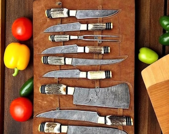 Hand-Forged Damascus Chef Knife Set: Deer Antler Handles, Engraved Cutlery