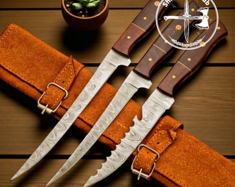Handmade Damascus Fillet Knife Set with Leather Sheaths |  Gift Set for Him, Her, Dad, Mom, Groomsmen & Collectors