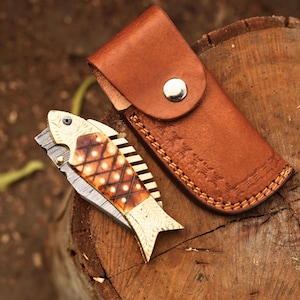 Handmade Fish Pocket Knife Damascus Folding Knife Bone Handle Special Gift for Any Occasion Personalized Gift USA Anniversary Gift for him