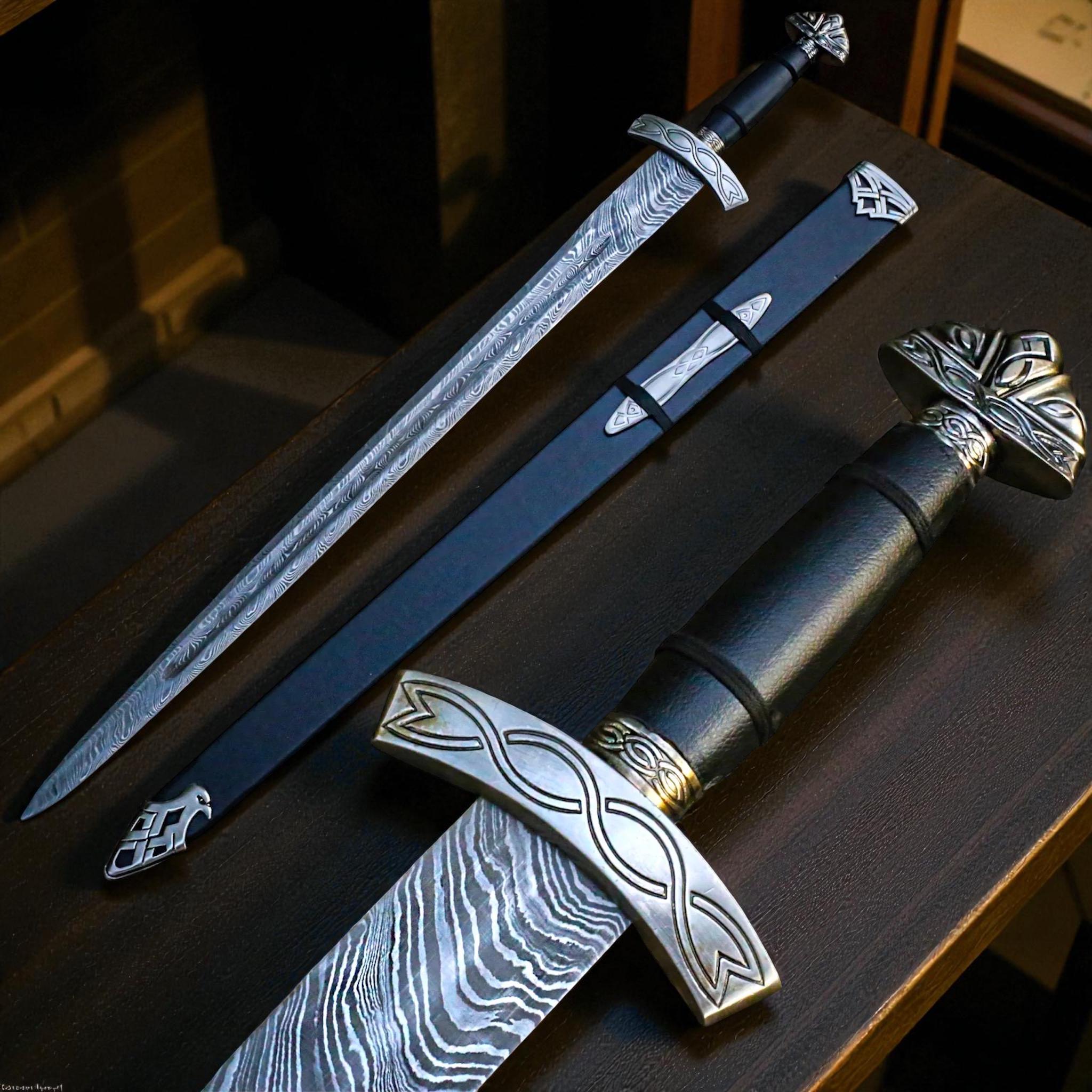 Épée Longue Viking 39cm - Forgée Main Acier Carbone - Fourreau Cuir - Idée Cadeau Homme
