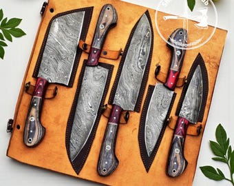 Damascus Chef Knife Set | Forged Kitchen Knives with Leather Roll, Birthday Gift for Her