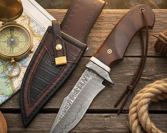 Handmade Damascus Steel Hunting Knife: Walnut Burl Handle, Leather Sheath