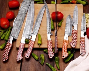 Handmade Damascus Chef Knife Set: Custom Engraved Kitchen Knives