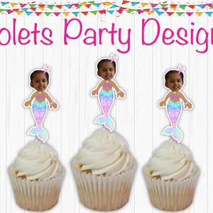 Mermaid Cupcake Toppers, Mermaid Birthday Decor,Custom Face Cupcake Toppers, Face on a Stick, Birthday Cupcake Toppers ,Photo Cupcake topper