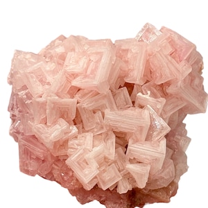 Puede incluir: Un grupo de cristales de halita rosa, también conocidos como sal gema, con una estructura cristalina cúbica. Los cristales son translúcidos y tienen un ligero brillo.