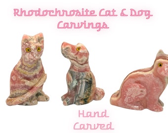 Handmade Hand Carved pink Rhodochrosite Cat and Dogs for sale!! Nice Stalactites and excellent banding! Crystal Mineral Specimen Gemstones