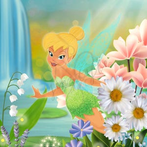May include: Tinker Bell, a fairy with blonde hair and green wings, flies over a lush green meadow with flowers and a waterfall in the background.