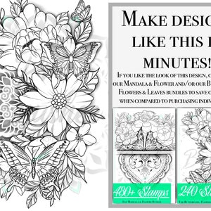 May include: Black and white line art digital stamps featuring flowers, butterflies, and mandalas. The text "MAKE DESIGNS LIKE THIS IN MINUTES!" is at the top of the image. The text "480+ Stamps" and "240 Stamps" are at the bottom of the image.