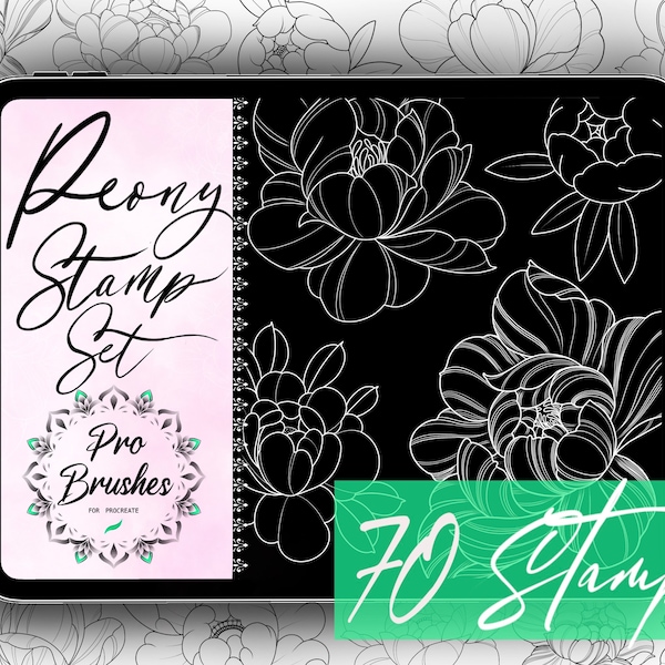 Peony Flower Stamps for Procreate - 70 Flower Tattoo Stamps - 50 Peony Stamps with 20 Leaf Stamps - Peony Tattoo Brushes for Procreate
