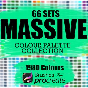 May include: A digital illustration of a green background with the text "66 SETS MASSIVE COLOUR PALETTE COLLECTION 1980 Colours Brushes For procreate" in black text. The background is blurred and shows a grid of colourful squares.