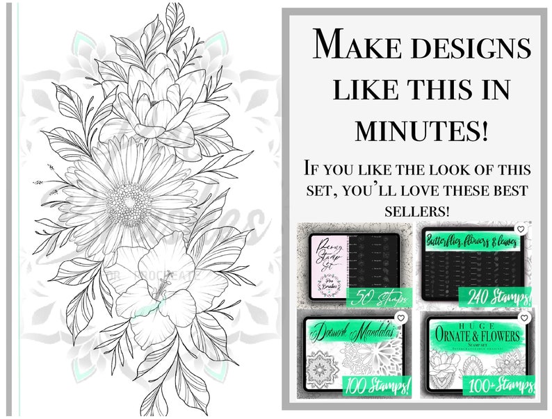 May include: Black and white line art illustration of a bouquet of flowers. The image is used to advertise a set of digital stamps for creating similar designs. The text on the image reads "Make Designs Like This In Minutes!" and "If you like the look of this set, you'll love these best sellers!"