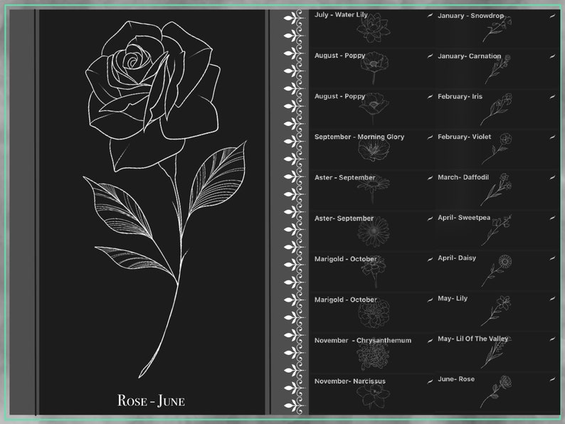 May include: A black and white line drawing of a rose with the text "ROSE - JUNE" below it. The image is part of a larger chart showing different flowers and their corresponding months.