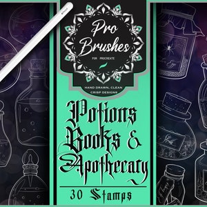 Potions, Books & Apothecary Tattoo Stamps for Procreate - 30 Intricate Tattoo Flash Designs - Procreate Stamps with Potion Tattoos and More