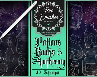 Potions, Books & Apothecary Tattoo Stamps for Procreate - 30 Intricate Tattoo Flash Designs - Procreate Stamps with Potion Tattoos and More