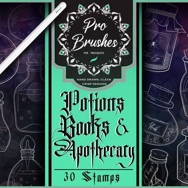 Potions, Books & Apothecary Tattoo Stamps for Procreate - 30 Intricate Tattoo Flash Designs - Procreate Stamps with Potion Tattoos and More