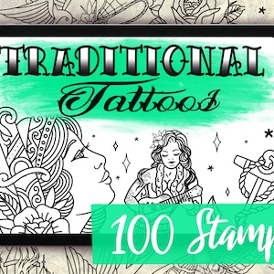 Traditional Tattoo Stamps for Procreate - 100 Traditional Procreate Stamps - 50 Stencil & 50 Shaded Traditional Procreate Brushes