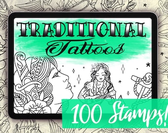 Traditional Tattoo Stamps for Procreate - 100 Traditional Procreate Stamps - 50 Stencil & 50 Shaded Traditional Procreate Brushes