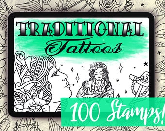 Traditional Tattoo Stamps for Procreate - 100 Traditional Procreate Stamps - 50 Stencil & 50 Shaded Traditional Procreate Brushes