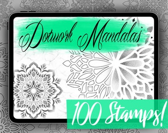 Dotwork Tattoo Stamps for Procreate - Dot Tattoos and Mandala Stencils for Procreate - 50 Tattoo Stencils and 50 Shaded/Dotted Designs