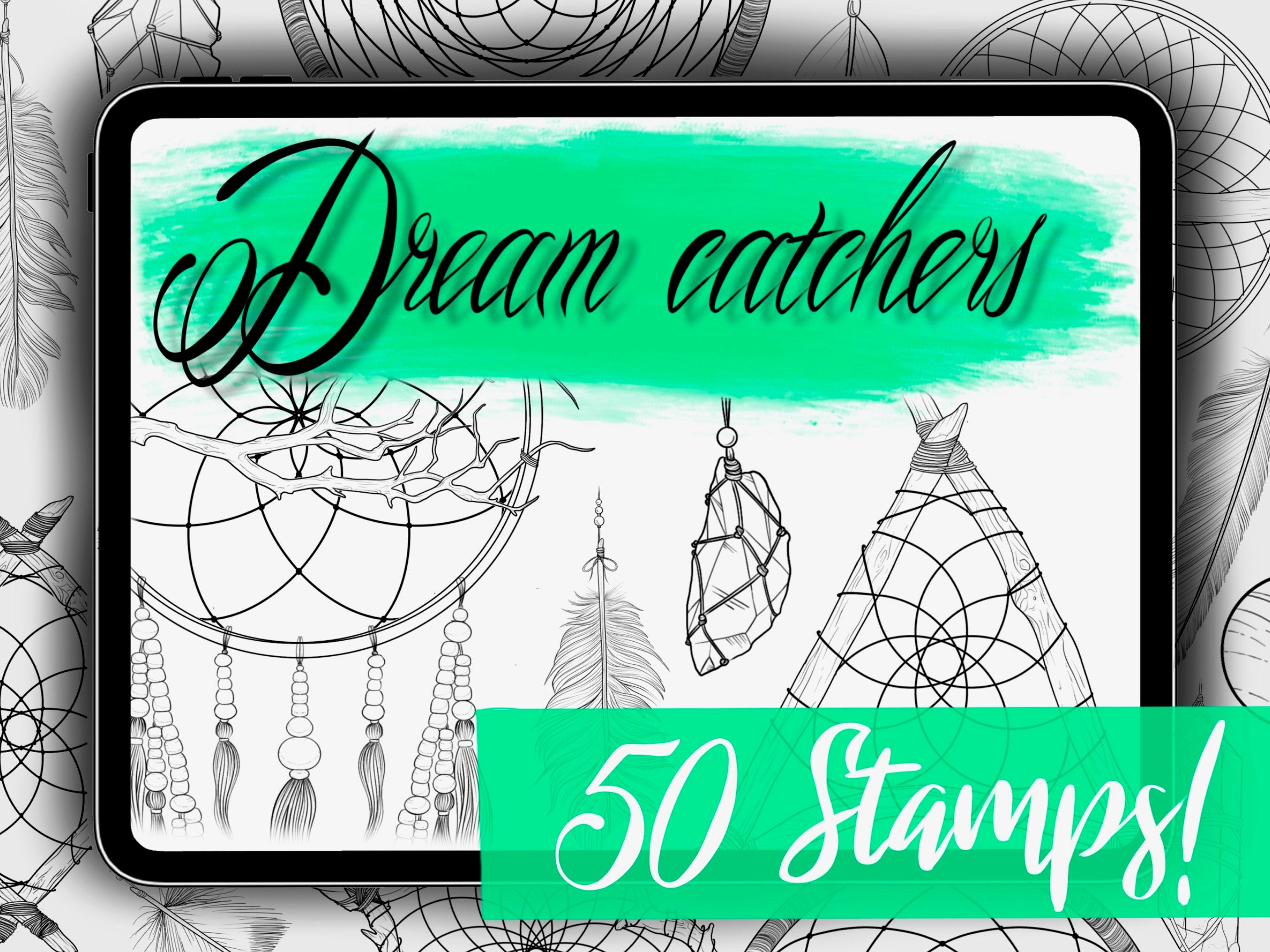 Pinceles de Procreate Dream Catcher – Set de 50 sellos para diseños de atrapasueños personalizados, constructor de tatuajes y kit artístico