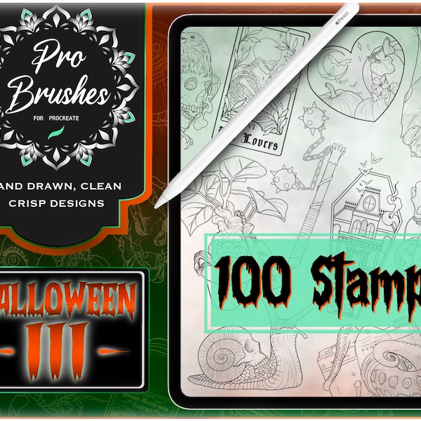 Tattoo Halloween Stamps for Procreate - Version 3.0 - 100 Halloween Tattoo Flash Procreate Stamps - ALL NEW Halloween Brushes for Procreate!