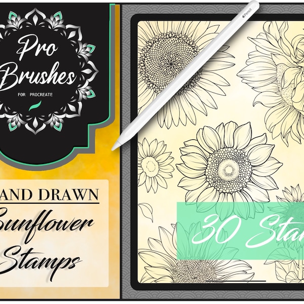 Sunflower Procreate Stamps for Tattoos: 30 Very Detailed Flower Tattoo Designs - Procreate Brushes for Nature Digital Art - Sunflower Art