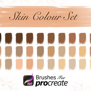 May include: A set of 36 skin tone color swatches for Procreate, a digital art app. The swatches are arranged in a grid of four rows and nine columns. The colors range from dark brown to light beige.