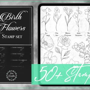 Birth Flower Designs - Procreate Birth Flower Brushes - 50+ Birth Flower Stamps - Birth Flower Tattoo Designs for Procreate