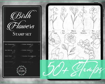 Birth Flower Designs - Procreate Birth Flower Brushes - 50+ Birth Flower Stamps - Birth Flower Tattoo Designs for Procreate