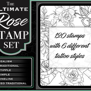 Rose Tattoo Stamps for Procreate: Fine Line, Stipple, Realism (120 Brushes)