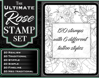 Rose Tattoo Stamps for Procreate - 120 Rose Procreate Brushes - 6 Tattoo Styles with 10 Roses & 10 Leaves each - Fine Line, Stipple, Realism