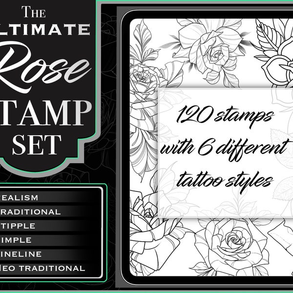 Rose Tattoo Stamps for Procreate - 120 Rose Procreate Brushes - 6 Tattoo Styles with 10 Roses & 10 Leaves each - Fine Line, Stipple, Realism
