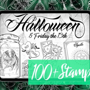 Halloween Tattoo Brushes & Friday the 13th Flash for Procreate - 100 Flash Tattoo Procreate Stamps - Witch Tattoo Procreate Brushes