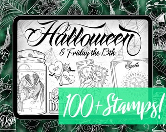 Halloween Tattoo Brushes & Friday the 13th Flash for Procreate - 100 Flash Tattoo Procreate Stamps - Witch Tattoo Procreate Brushes