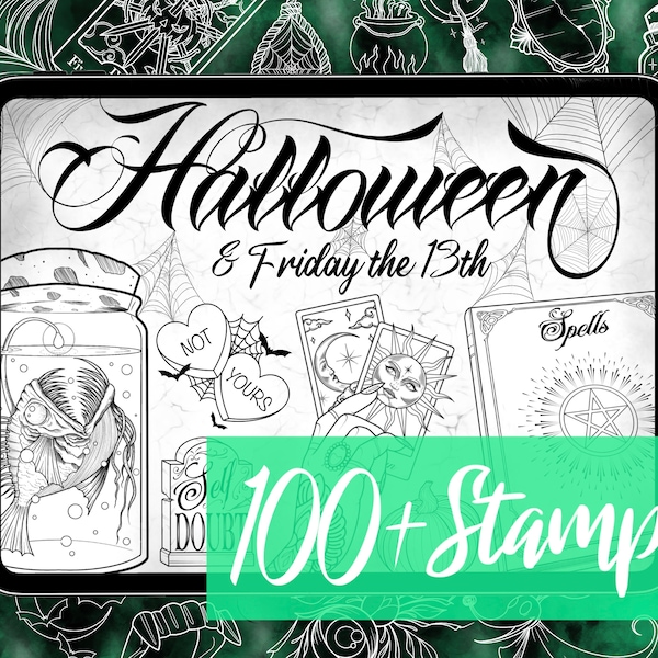 Halloween Tattoo Brushes & Friday the 13th Flash for Procreate - 100 Flash Tattoo Procreate Stamps - Witch Tattoo Procreate Brushes